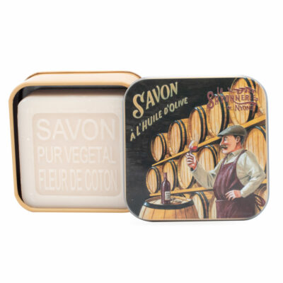 Savons dans une boite en métal avec une illustration de caviste de la collection de savons  "Savons des Métiers"