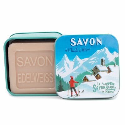 Savons dans une boite en métal avec une illustration de ski de randonnée de la collection de savons  "Boites avec Savons"