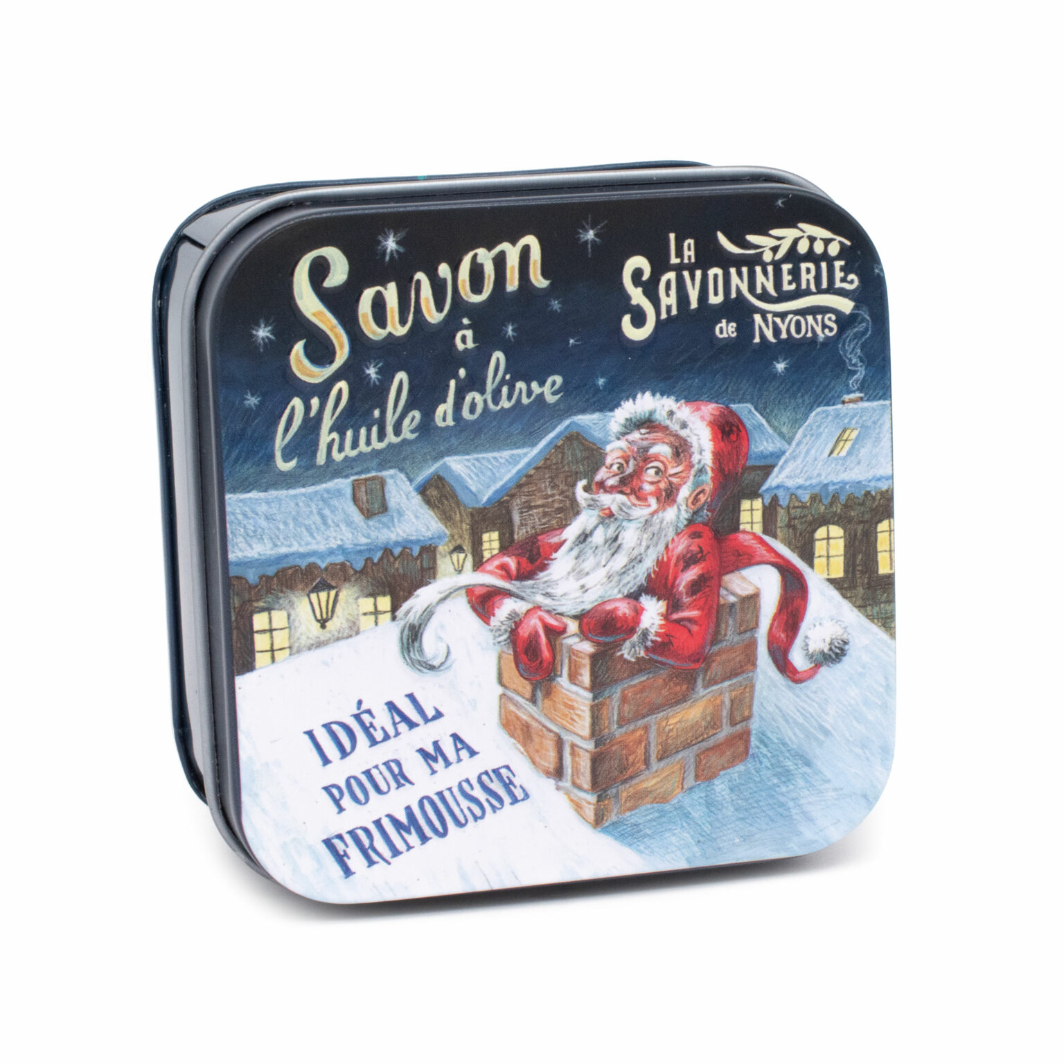 Boite à savon en métal avec une illustration du Pere Noel dans la cheminée de la collection de savons "Boites avec Savons"