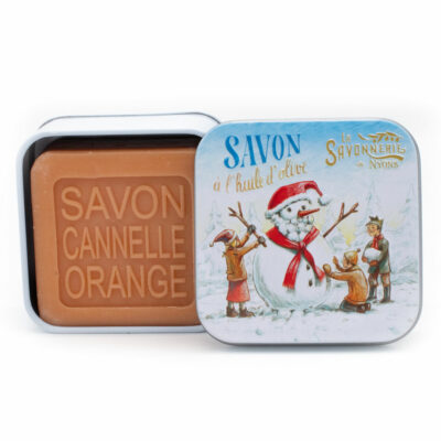 Savons dans une boite en métal avec une illustration de bonhomme de neige de la collection de savons  "Boites avec Savons"