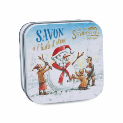 Savons dans une boite en métal avec une illustration de bonhomme de neige de la collection de savons  "Boites avec Savons" - Fabriqué en France par La Savonnerie de Nyons