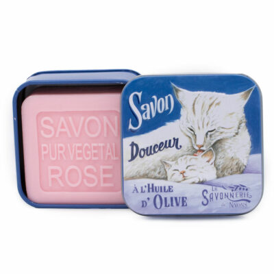 Savons dans une boite en métal avec une illustration de chat et chaton de la collection de savons  "Boites avec Savons"