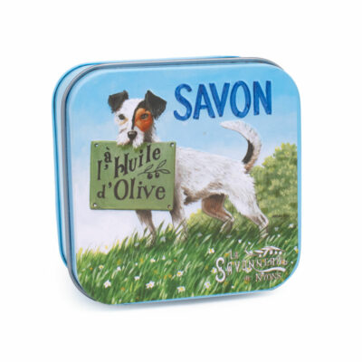 Savons dans une boite en métal avec une illustration de chien Jack Russel de la collection de savons  "Boites avec Savons"