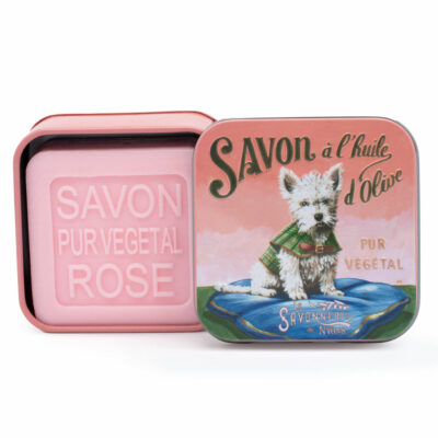 Savons dans une boite en métal avec une illustration de chien Westie de la collection de savons  "Boites avec Savons"