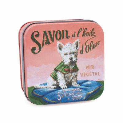 Savons dans une boite en métal avec une illustration de chien Westie de la collection de savons  "Boites avec Savons" - Fabriqué en France par La Savonnerie de Nyons