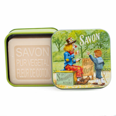 Savons dans une boite en métal avec une illustration de Clown avec des enfants de la collection de savons  "Boites avec Savons"