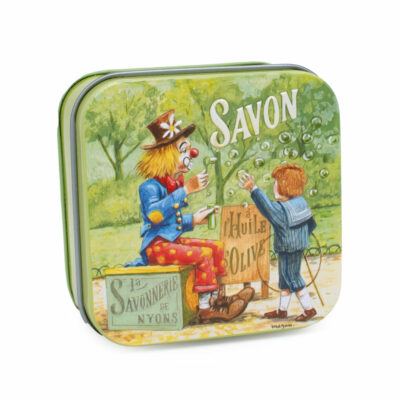 Savons dans une boite en métal avec une illustration de Clown avec des enfants de la collection de savons  "Boites avec Savons" - Fabriqué en France par La Savonnerie de Nyons