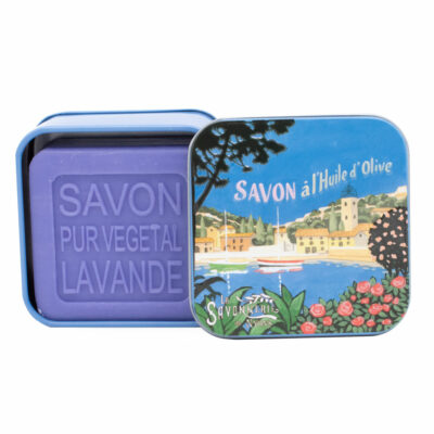 Savons dans une boite en métal avec une illustration de paysage de marina et bateaux de la collection de savons  "Boites avec Savons"