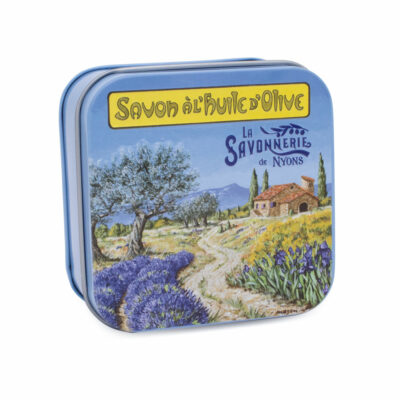 Boite à savon en métal avec une illustration de paysage de Provence de la collection de savons "Boites avec Savons" - Fabriqué en France par La Savonnerie de Nyons