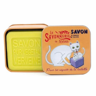 Savons dans une boite en métal avec une illustration de chat de la collection de savons  "Boites avec Savons"