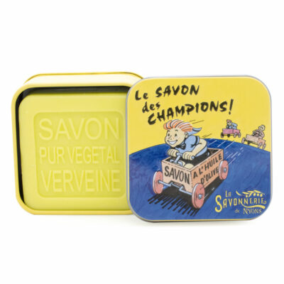 Savons dans une boite en métal avec une illustration de publicité retro ancienne de la collection de savons  "Boites avec Savons"