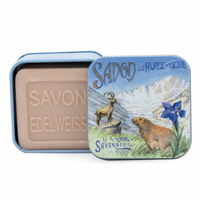 Savons dans une boite en métal avec une illustration de marmotte collection de savons  "Boites avec Savons"