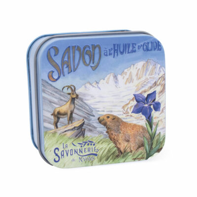 Boite à savon en métal avec une illustration de marmotte collection de savons "Boites avec Savons" - Fabriqué en France par La Savonnerie de Nyons