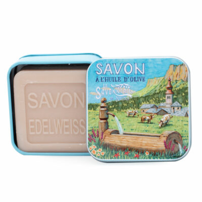 Savons dans une boite en métal avec une illustration de vaches collection de savons  "Boites avec Savons"