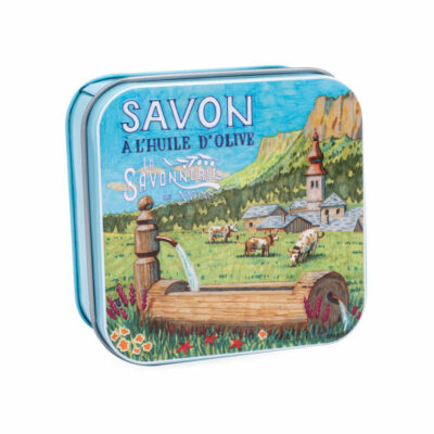 Savons dans une boite en métal avec une illustration de vaches collection de savons  "Boites avec Savons" - Fabriqué en France par La Savonnerie de Nyons