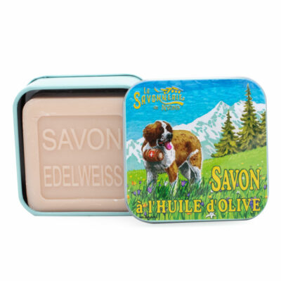 Savons dans une boite en métal avec une illustration de chien Saint Bernard collection de savons  "Boites avec Savons"