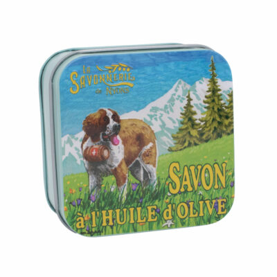 Savons dans une boite en métal avec une illustration de chien Saint Bernard collection de savons  "Boites avec Savons" - Fabriqué en France par La Savonnerie de Nyons