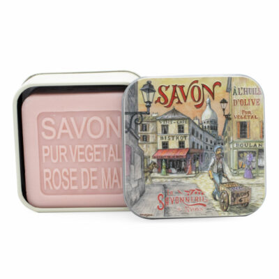 Savons dans une boite en métal avec une illustration du quartier Montmarte à Paris collection de savons  "Boites avec Savons"