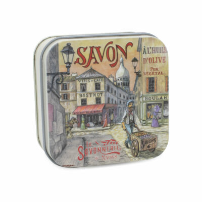 Boite à savon en métal avec une illustration du quartier Montmarte à Paris collection de savons "Boites avec Savons" - Fabriqué en France par La Savonnerie de Nyons