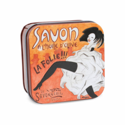 Savons dans une boite en métal avec une illustration retro des Folies Bergères collection de savons  "Boites avec Savons" - Fabriqué en France par La Savonnerie de Nyons