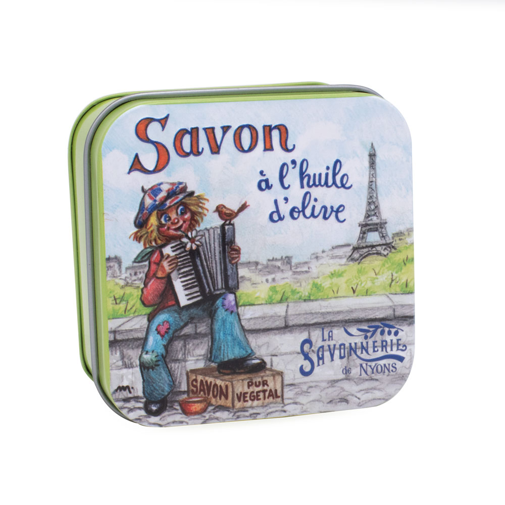 Savons dans une boite en métal avec une illustration retro de Gavroche collection de savons  "Boites avec Savons" - Fabriqué en France par La Savonnerie de Nyons