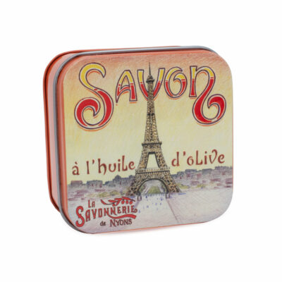 Boite à savon en métal avec une illustration retro de la Tour Eiffel Parisienne de la collection de savons 