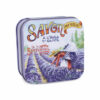 Boite à savon en métal avec une illustration retro de la cueillette de la lavande de la collection de savons "Boites avec Savons" - Fabriqué en France par La Savonnerie de Nyons
