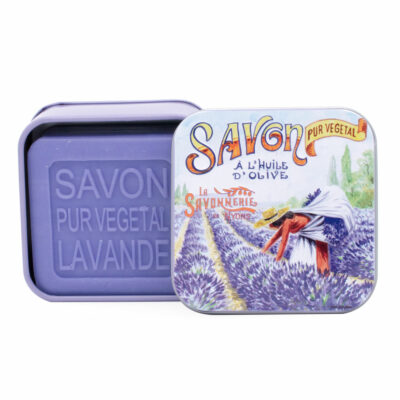 Savons dans une boite en métal avec une illustration retro de la cueillette de la lavande de la collection de savons  "Boites avec Savons"