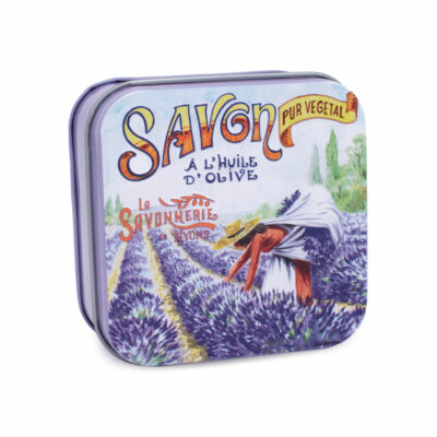 Boite à savon en métal avec une illustration retro de la cueillette de la lavande de la collection de savons "Boites avec Savons" - Fabriqué en France par La Savonnerie de Nyons