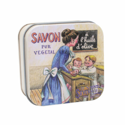 Savons dans une boite en métal avec une illustration retro de l'école de la collection de savons  "Boites avec Savons"