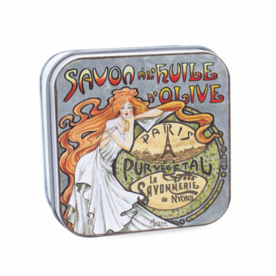 Boite à savon en métal avec une illustration art deco inspirée des arabesques et femmes aux cheveux flottants des peintures de Mucha de la collection de savons "Boites avec Savons" - Fabriqué en France par La Savonnerie de Nyons