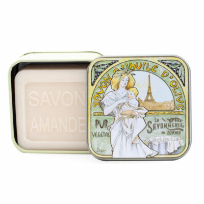 Savons dans une boite en métal avec une illustration art deco inspirée du style decoratif des peintures de Mucha de la collection de savons  "Boites avec Savons"