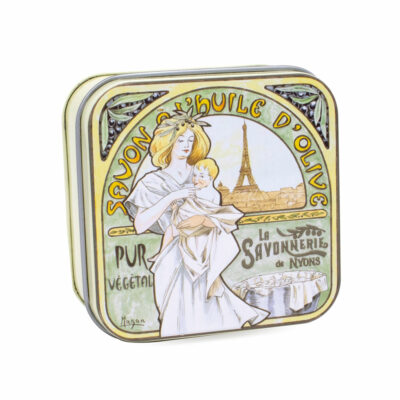 Savons dans une boite en métal avec une illustration art deco inspirée du style decoratif des peintures de Mucha de la collection de savons  "Boites avec Savons" - Fabriqué en France par La Savonnerie de Nyons