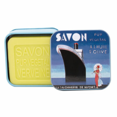 Savons dans une boite en métal avec une illustration retro de la traversée Transatlantique de la collection de savons  "Boites avec Savons"