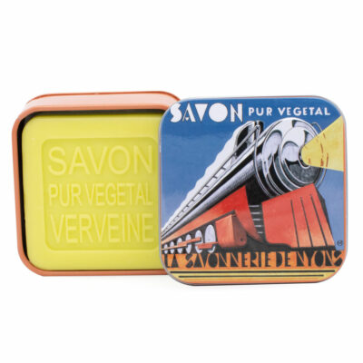 Savons dans une boite en métal avec une illustration retro du train l'Orient Express de la collection de savons  "Boites avec Savons"