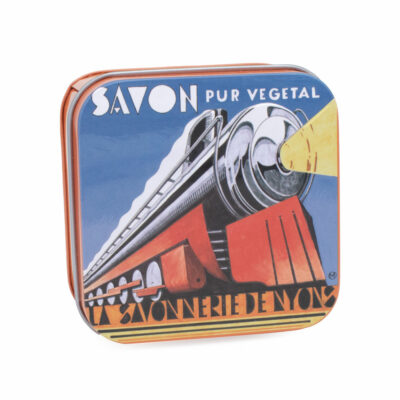 Savons dans une boite en métal avec une illustration retro du train l'Orient Express de la collection de savons  "Boites avec Savons" - Fabriqué en France par La Savonnerie de Nyons