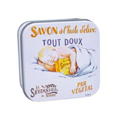 Boite à savon en métal avec une illustration retro d'un bébé rigolo de la collection de savons "Boites avec Savons" - Fabriqué en France par La Savonnerie de Nyons