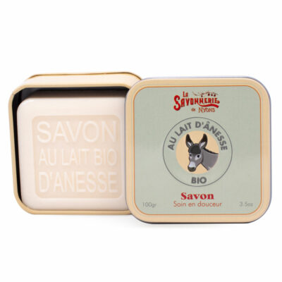 Savon au lait d'anesse Bio de 100g dans une boite en métal illustrée de la collection de savons  "Lait d'Anesse Bio"