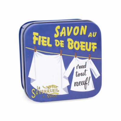 Boite à savon en métal bleue illustrée de la collection de savons "Boites détachants" - Fabriqué en France par La Savonnerie de Nyons