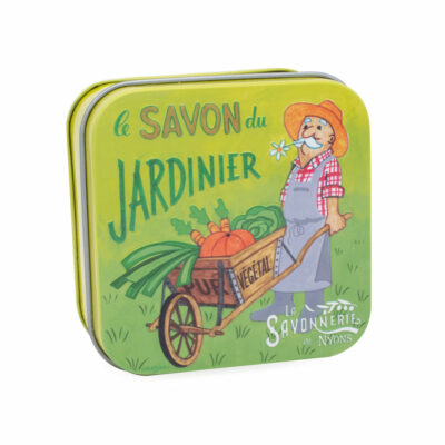 Boite à savon du jardinier en métal illustrée de la collection de savons "Savons des Métiers" - Fabriqué en France par La Savonnerie de Nyons