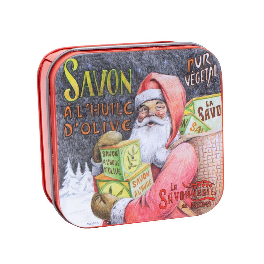 Savon du Père Noël dans une boite en métal retro illustrée de la collection de savons "Boites avec Savons" - Fabriqué en France par La Savonnerie de Nyons