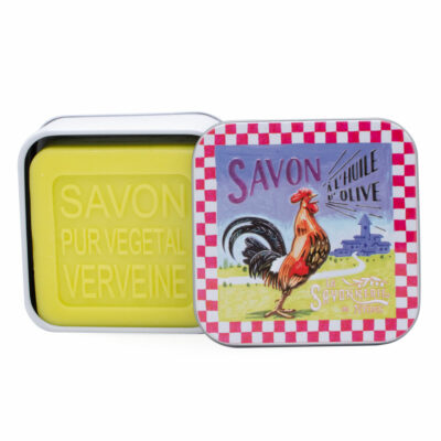 Savon dans une boite en métal retro illustrée avec un coq de la collection de savons parfumés "Boites avec Savons"