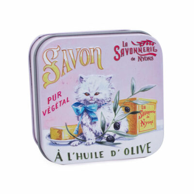 Savon dans une boite en métal retro illustrée avec un chat persan de la collection de savons parfumés "Boites avec Savons" - Fabriqué en France par La Savonnerie de Nyons