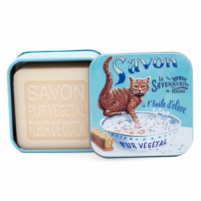 Savon dans une boite en métal retro illustrée avec un chat roux de la collection de savons parfumés "Boites avec Savons"