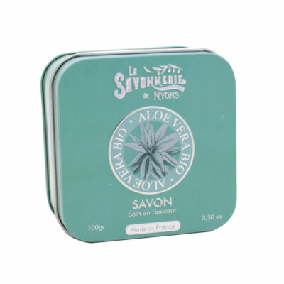 Savon de 100g à l'aloe vera Bio dans une boite en métal illustrée de la collection de savons  "Boites avec Savons" - Fabriqué en France par La Savonnerie de Nyons