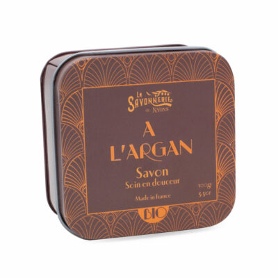 Savon de 100g à l'huile d'argan dans une boite en métal illustrée de la collection de savons  "Boites avec Savons" - Fabriqué en France par La Savonnerie de Nyons