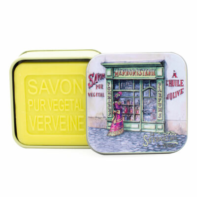 Savon dans une boite en métal retro illustrée avec un herboriste de la collection de savons parfumés "Savons des Métiers"