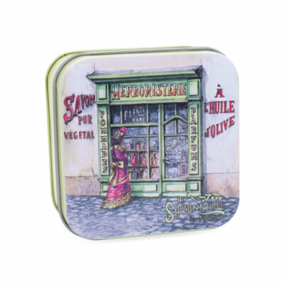 Savon de 100g dans une boite en métal retro illustrée avec un herboriste de la collection de savons parfumés "Savons des Métiers" - Fabriqué en France par La Savonnerie de Nyons