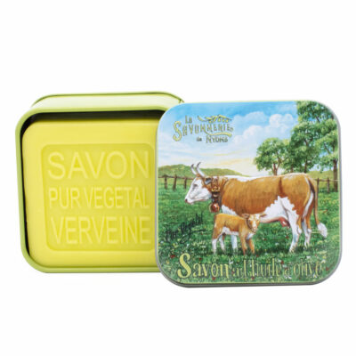 Savon dans une boite en métal retro illustrée par une vache de la collection de savons parfumés "Boites avec Savons"