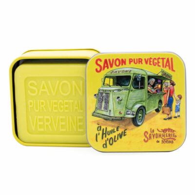 Savon dans une boite en métal retro illustrée par une camionette anicenne de la collection de savons parfumés "Boites avec Savons"